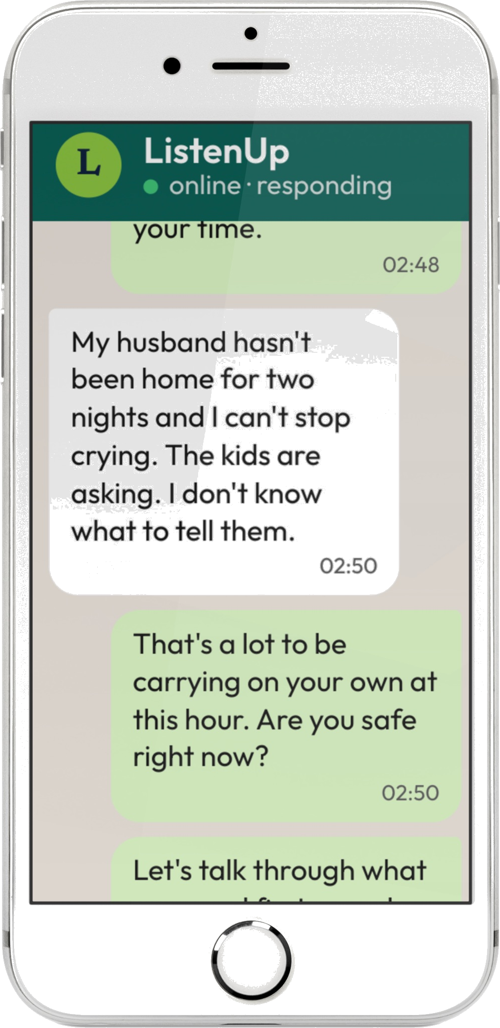 iPhone showing a ListenUp WhatsApp conversation